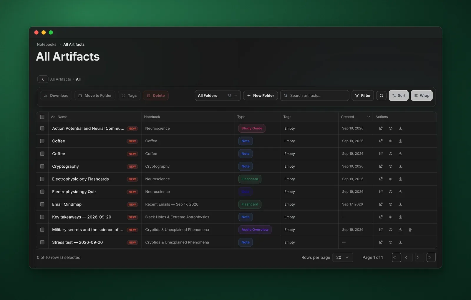 The All Artifacts table in the Kortex Workspace, in dark mode. Rows list a study guide, notes, flashcards, a quiz and an Audio Overview with their notebook, type and date, under Download, Move to Folder, Tags, Delete, folder, search, filter and sort controls.