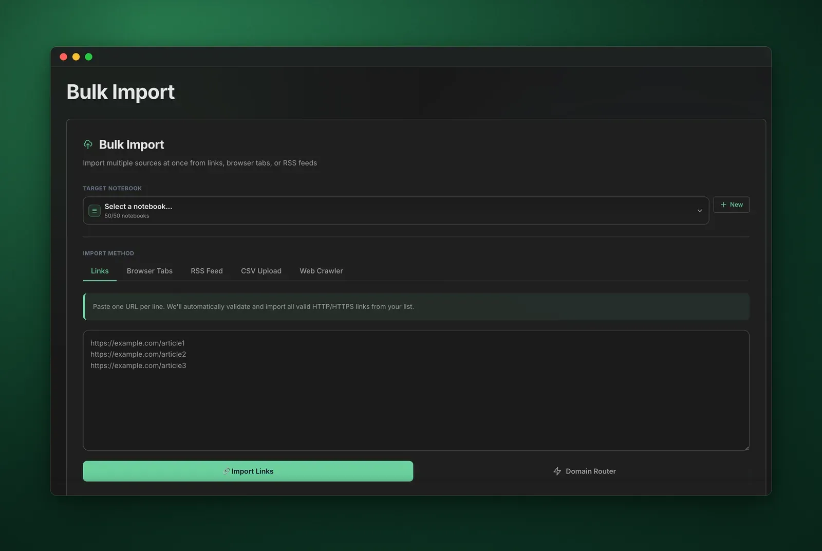 The Bulk Import page in the Kortex Workspace: a target notebook picker above tabs for Links, Browser Tabs, RSS Feed, CSV Upload and Web Crawler, a box of pasted links, an Import Links button and a Domain Router button.