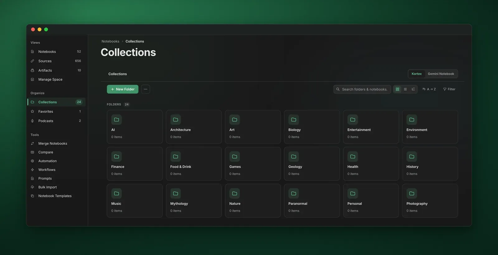 The Collections page in the Kortex Workspace, in dark mode: a grid of folders such as AI, Biology, Finance, History and Music, with a New Folder button, search, view and sort options and a filter.