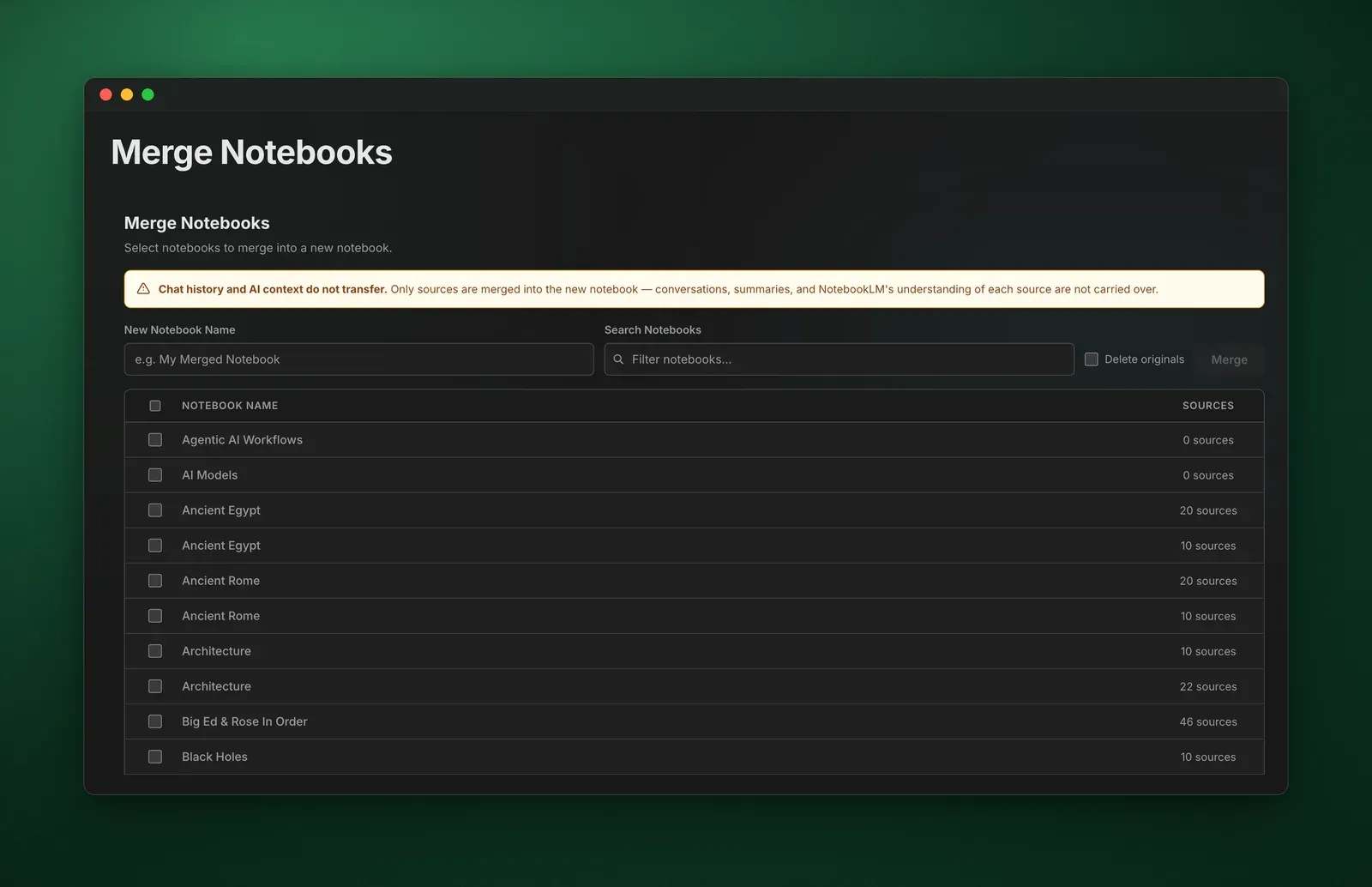 The Merge Notebooks page in the Kortex Workspace: a note that only sources are merged, a field for the new notebook's name, a notebook filter, a Delete originals checkbox, a Merge button and a list of notebooks with their source counts.