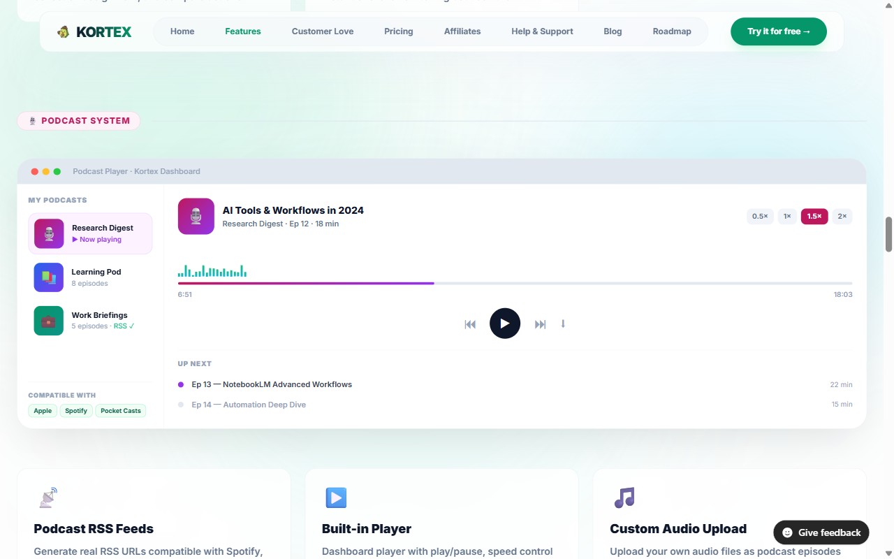 Kortex Audio Studio showing the built-in podcast player with episode queue, speed controls, and RSS feed compatibility
